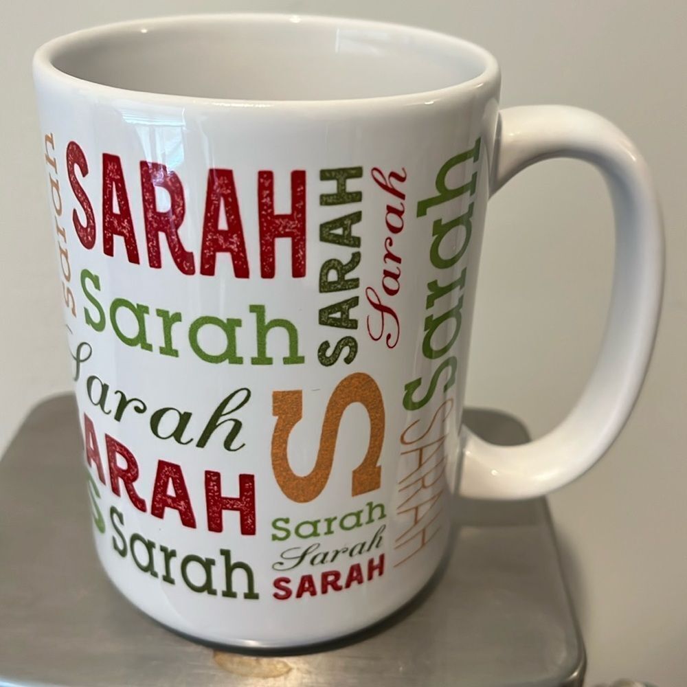 White 4 1/2” tall China Ceramic Rainbow SARAH Printed Graffiti Coffee Cup Mug